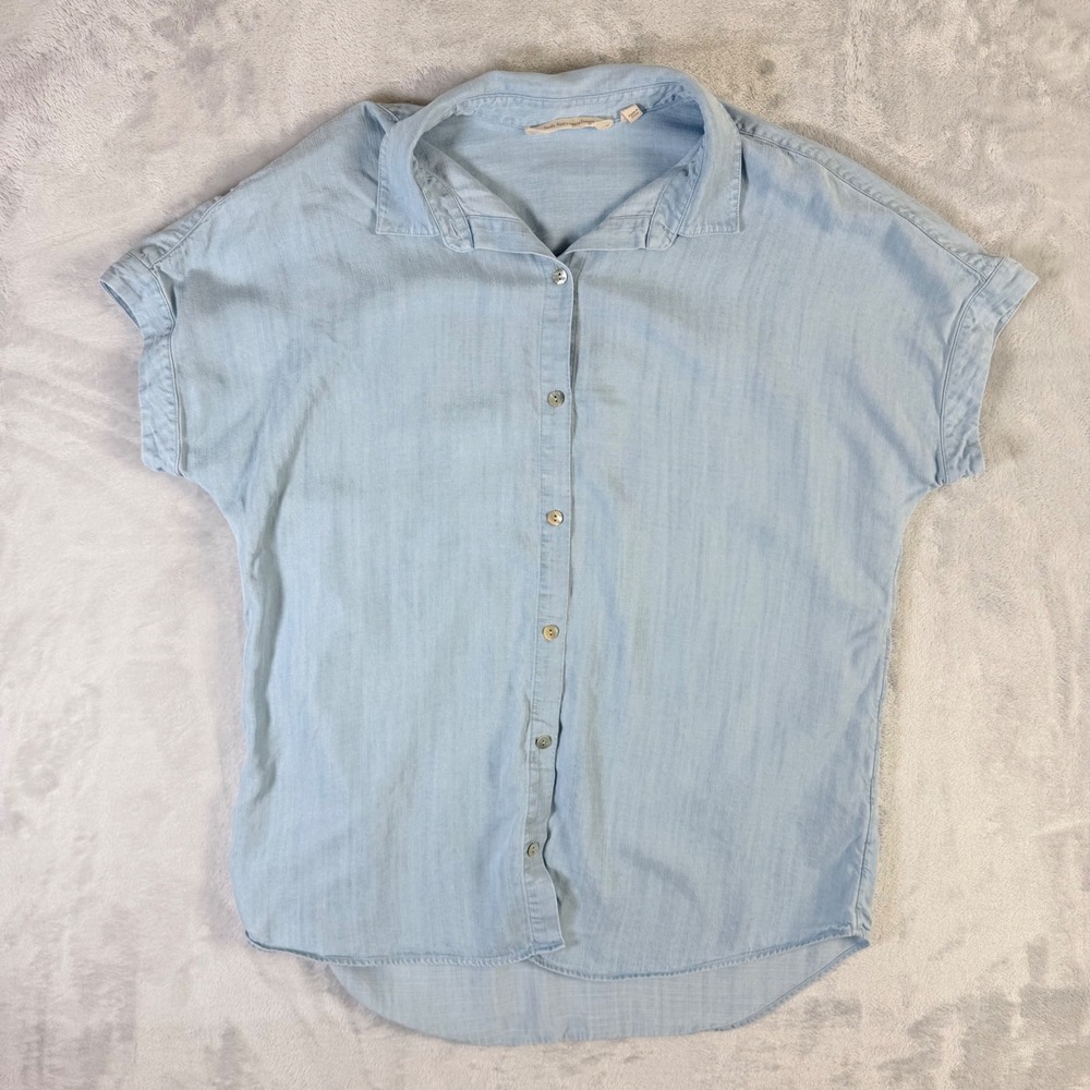 Soft Surroundings Button Down‎ Shirt Womens PS Blue Tencel Lyocell Short Sleeve